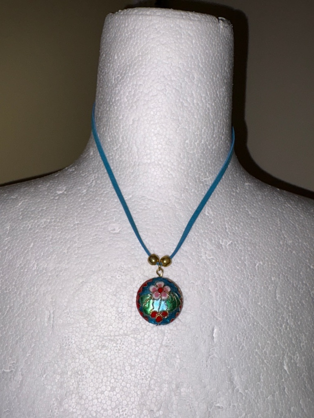 Floral Cloisonné Pendant Necklace in Teal 16”